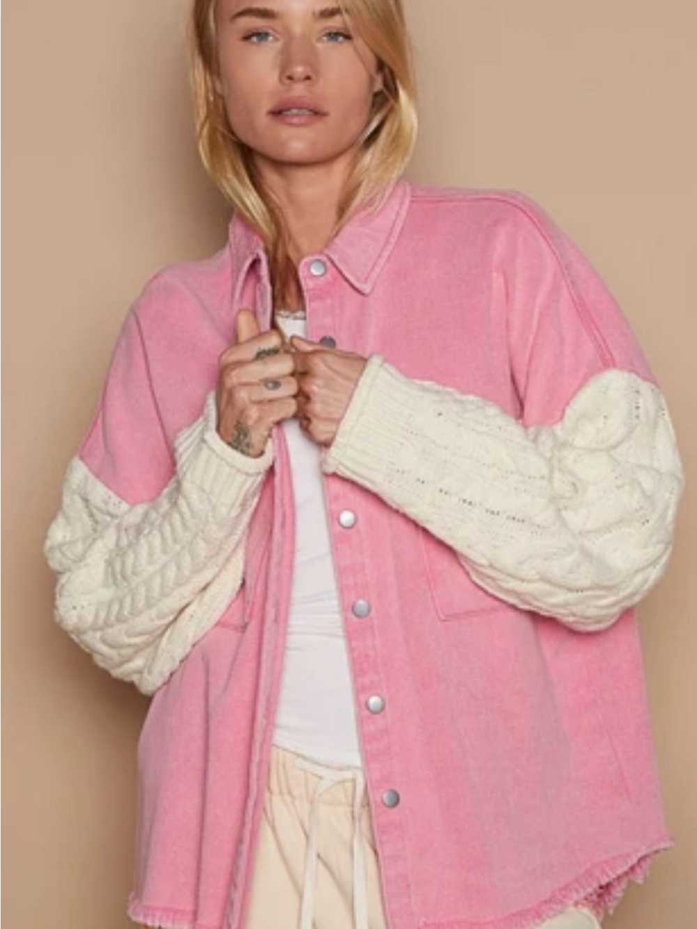 NWT POL Contrast Cable Knit Sweater Sleeve Button Down Shacket